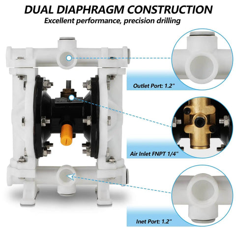 Air Operated Double Diaphragm Pump Workhorse 1/2 Inch Inlet Outlet with dual diaphragm construction for liquid transfer