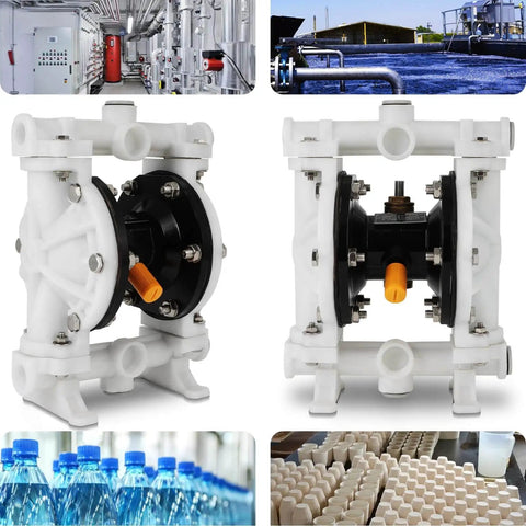 Air Operated Double Diaphragm Pump Workhorse 1/2 Inch Inlet Outlet, industrial pump setup with multiple applications shown