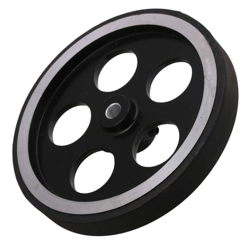 Aluminum and rubber rotary encoder wheel black and silver 300 x 6mm for precise conveying speed and position measurement in automation