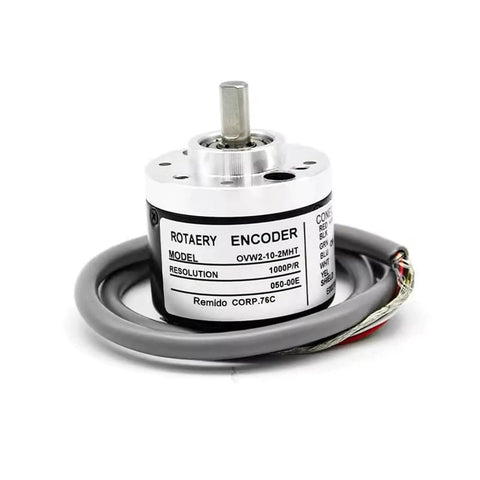 6mm Solid Shaft Incremental Rotary Encoder With 10 To 10000 PPR, silver cylindrical sensor with attached cable for CNC and textile machines