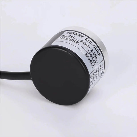 Close-up of 6mm Solid Shaft Incremental Rotary Encoder With 10 To 10000 PPR, Industrial Grade Textile and CNC Machine Encoder, labeled model.