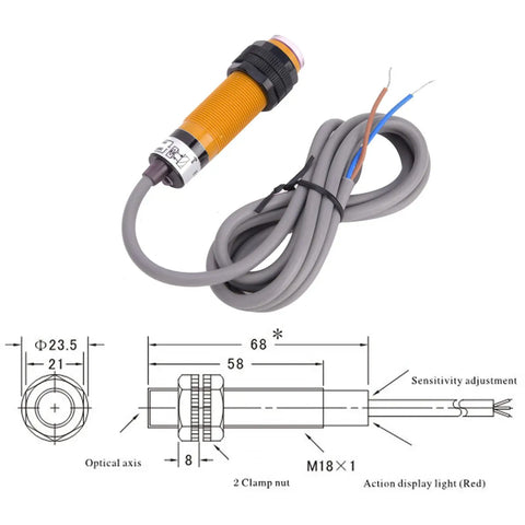 Through Beam Photoelectric Switch Sensor 6-36VDC Adjustable Diffuse Reflection Type with thickened cable and PVC flame retardant jacket.