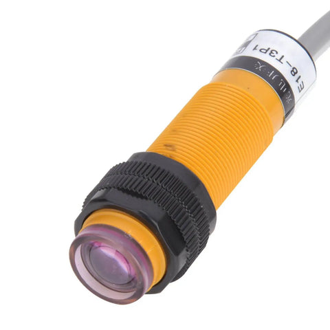 Close-up of Through Beam Photoelectric Switch Sensor 6-36VDC with diffuse reflection, thickened cable, and PVC flame retardant jacket for industrial automation.