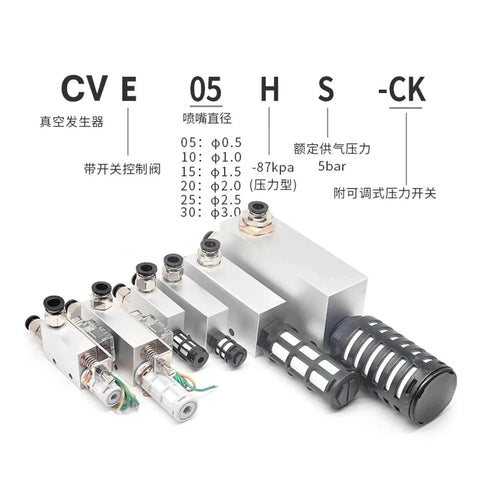 Heavy Duty Industrial Vacuum Generator CV Series With High Negative Venturi Air Exhaust Ejector For Pneumatic Systems 10HS 15HS 20HS 25HS 30HS models displayed in a line