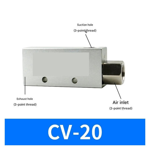 CV 20HS Beast Performance Vacuum Generator with labeled suction hole, exhaust hole, and air inlet for industrial automation.