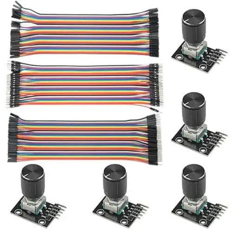 5 Pack KY-040 Rotary Encoder Module Kit with 120 multicolor breadboard jumpers and ribbon cables, detent push button, 360 degree rotation.