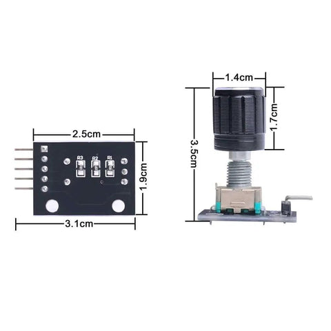 Five Pack 360 Degree Rotary Encoder Module KY-040 Sensor Development Board With Push Button dimensions diagram for Arduino projects.