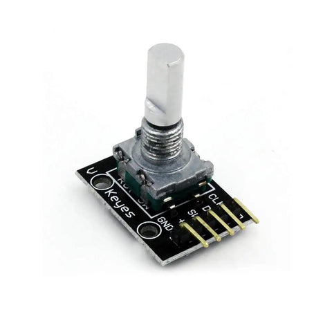 Single KY 040 rotary encoder module for Arduino Raspberry Pi, showing metal spindle and PCB connectors, 32x19x30 mm, 5V powered.
