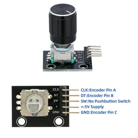 Top and bottom view of Six Pack KY-040 Rotary Encoder Modules With Push Button And Knob Cap For Arduino Makers And DIY Hobbyists.