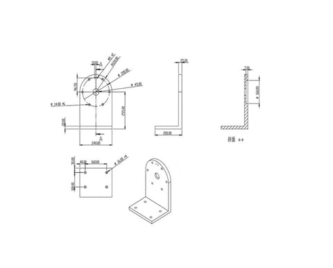 Technical drawing of Magnetic Particle L Shaped Mounting Plate Bracket for Brake Systems with dimensions and sections displayed.