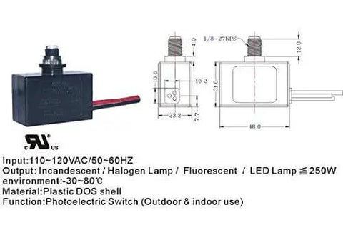 Technical diagram of LED Photoelectric Switch Dusk To Dawn Replacement Part SNR 500RY with input specs and plastic DOS shell