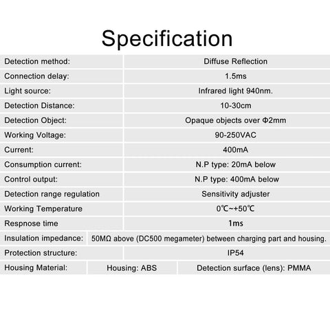 Specification sheet for M18 Column Infrared Photoelectric Proximity Switch Diffuse Reflection Sensor 10 To 30 Cm Range E3F DS30P3