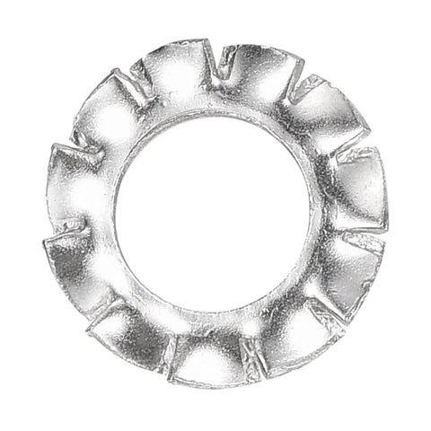 Close-up of M5 External Tooth Washers Set for DIY Projects, 304 Stainless Steel, serrated teeth, heavy-duty fasteners, silver color.