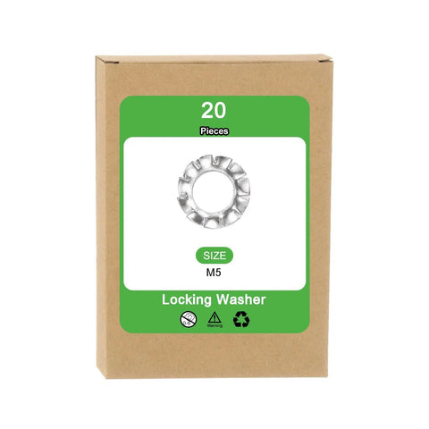 Product packaging for M5 External Tooth Washers Set For DIY Projects, featuring size M5, 304 stainless steel, 20 pack, silver washers.