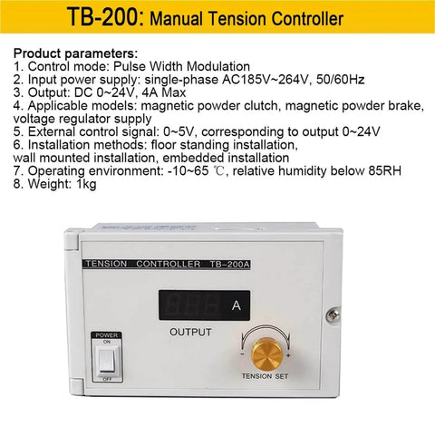 Front view of TB-200 manual tension controller with display and adjustment knob for Pro Grade Magnetic Powder Brake Tension Controller Kit For Textile Unwinding.