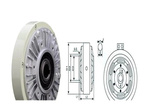 Hollow Shaft Magnetic Particle Brake 50 Nm Torque, 5 Kg Load Capacity, industrial brake with technical diagram and side view