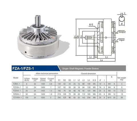 Magnetic Particle Brake FZ100A-1 FZ6A-1 with dimensions and specifications, durable design for precise control in industrial equipment