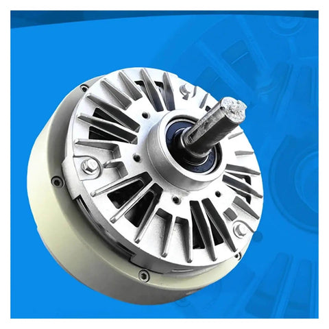 Close-up of two-axis magnetic powder clutch and brake system showing adjustable torque mechanism for precise control.