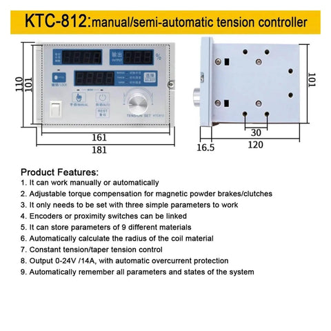 KTC-812 manual/semi-automatic tension controller with adjustable torque for magnetic powder brakes, shown with dimensions in mm