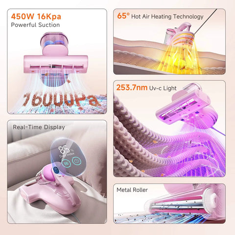 Powerful 16KPa Mattress Vacuum With UV-C Light, Metal Roller, HEPA Filter showing 450W suction and heating technology
