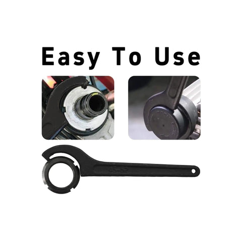 C Hook Spanner Wrench fits 45 to 52mm round nuts for motorcycle shock absorbers and coilovers, shown in use on a nut adjustment.