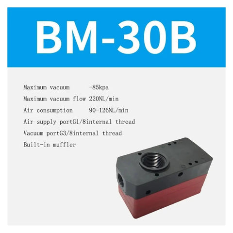 BM-30B model with max vacuum flow, multi-stage vacuum generator showcased with specs and fully automatic BM multi stage vacuum generator with BX negative pressure pump for high flow suction, heavy duty industrial vacuum system BM-30B model, smooth operation and big suction power details.