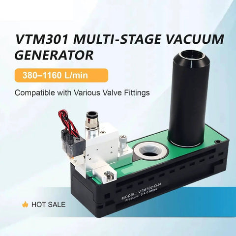 Heavy-Duty Vacuum Generator With Multistage Venturi Ejector, black and green compact design, high-flow negative pressure source
