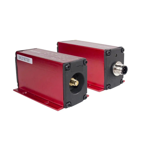 Two ML33 B A Non Contact Eddy Current Displacement Sensors with red casing, showing 4 to 20 mA output connectors.