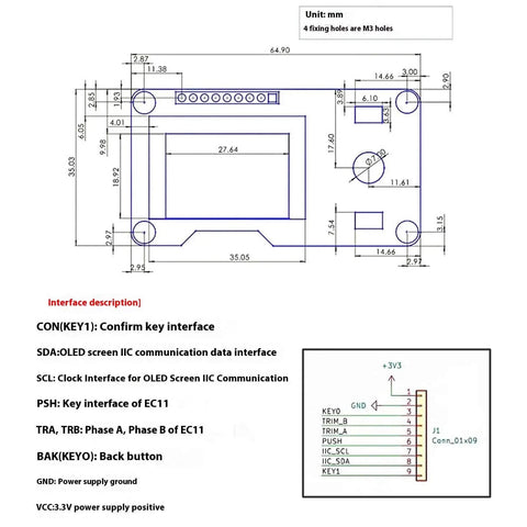 Technical diagram of Dope 0.96 Inch And 1.3 Inch OLED Display Module With EC11 Rotary Encoders I2C Interface for IoT prototyping.