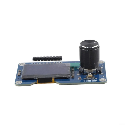 All In One OLED Display Module With EC11 Rotary Encoder And IIC Interface for microcontrollers, showing display and encoder front view.