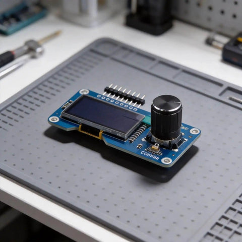 All In One OLED Display Module With EC11 Rotary Encoder And IIC Interface For Microcontrollers on workbench close-up
