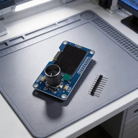 All In One OLED Display Module With EC11 Rotary Encoder And IIC Interface, shown on a desk with pin headers for DIY prototyping