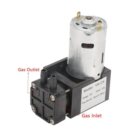 Oil Free 24V Mini Vacuum Pump for air, water, gas, featuring -85 kPa vacuum, 40 L/min flow, compact durable design for DIY, labs, industrial use.