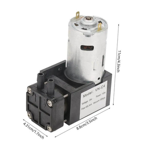 Oil Free 24V Mini Vacuum Pump for Air Water and Gas, compact design for DIY projects and labs, with dimensions and model label visible.