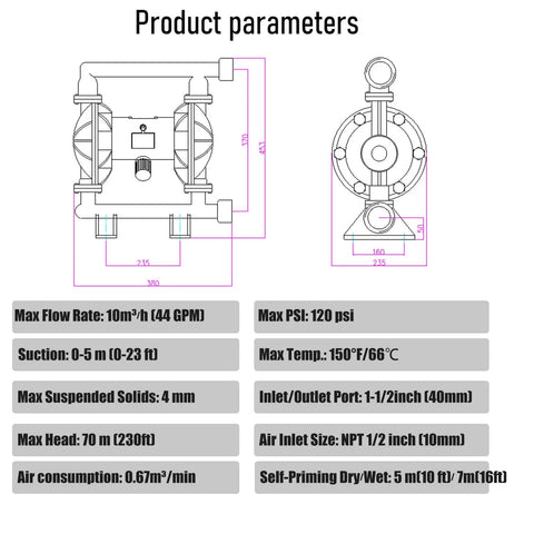 Technical diagram of Air Diaphragm Pump for Oil Transfer, 1.5 Inch Inlet and Outlet, 44 GPM, leak-proof, with specifications