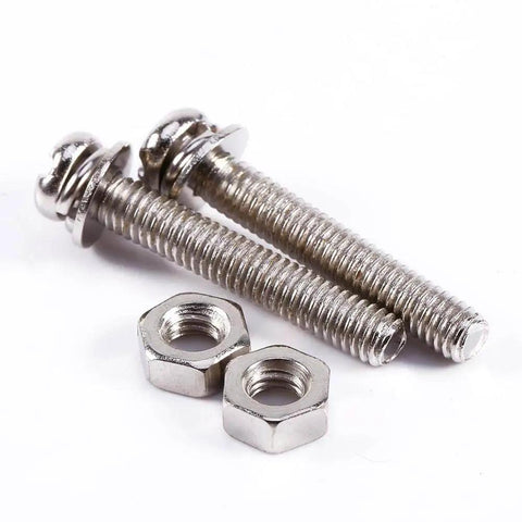 Two stainless steel bolts with washers and nuts, suitable for secure assembly. Shiny metal finish enhances durability and strength.