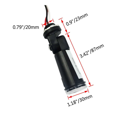 Outdoor Dusk To Dawn Photocell Switch 120V Hard Wired Post Eye Light Control with swivel mount, shown with measurements