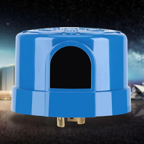 Outdoor Photocell Sensor Automatic Dusk To Dawn Switch for Lighting, close-up view, blue plastic casing, energy-saving night sensor.