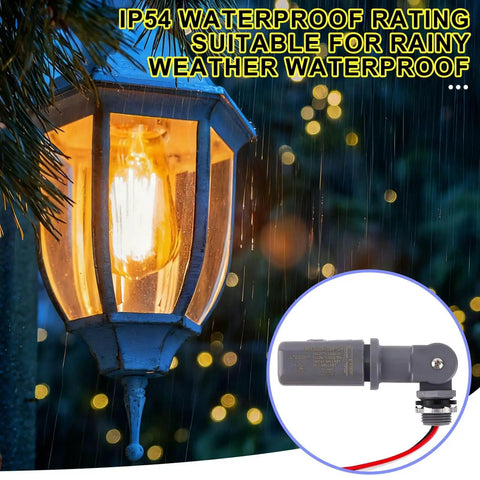 Outdoor Photocell Sensor For Lights Auto On At Dusk Off At Dawn 120-277VAC 50/60Hz IP54 in rainy weather next to a street lamp
