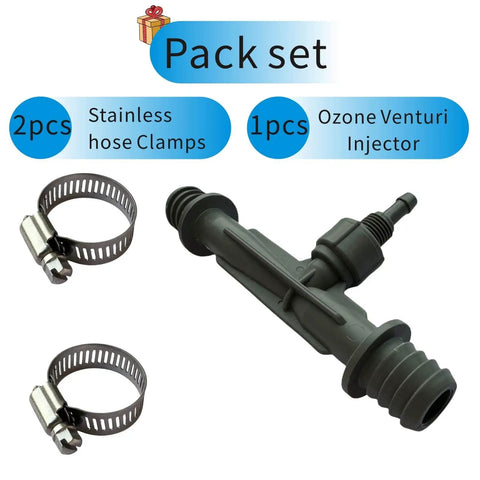 Image showing the pack set with 2 stainless hose clamps and 1 Ozone Venturi Injector Three Quarter Inch Barbed Inlet And Outlet One Quarter Inch Ozone Port For Cold Plunge Spa Pool Circulation Pumps And Irrigation Premium PVC Durable And Weather Resistant.