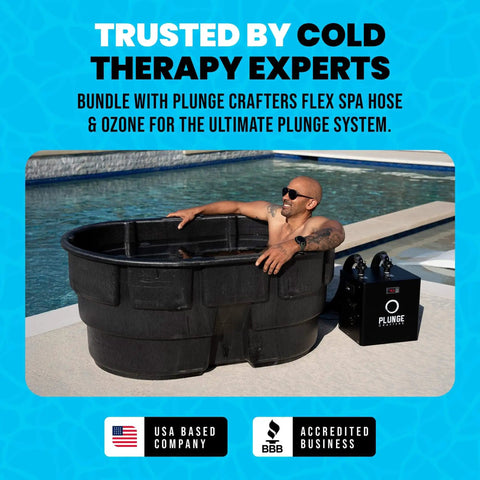 Man in cold plunge spa by pool with Efficient Ozone Venturi Injector For Cold Plunge Ice Bath Spa and Pool Pumps nearby