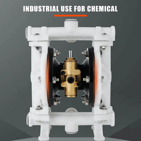 Front view of air operated double diaphragm pump with half inch inlet and outlet, QBK-15, 12 GPM and up to 120 PSI, PTFE diaphragm pneumatic transfer pump for petro, diesel, grease and low viscosity fluids.