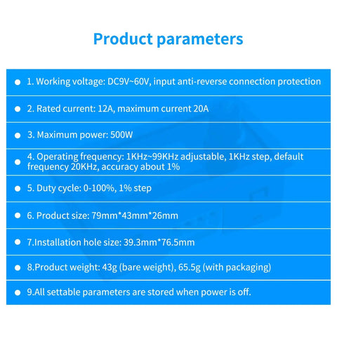 Product parameters for Beast Power DC Motor Speed Controller 9V To 60V 12A 500W PWM Control, including voltage, current, and frequency details.
