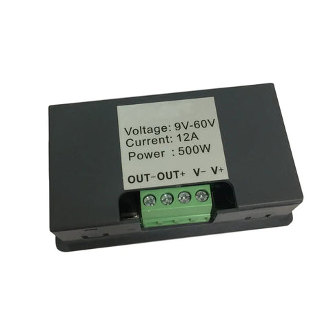 Wide Voltage PWM Motor Speed Controller 9-60V 12A Beefed Up 500W, close-up of black casing with specifications label.