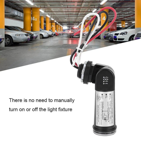 Photoelectric Dusk To Dawn Sensor Switch For Outdoor Lighting 120V Black With Watertight Cover, sensor with wires in a parking garage