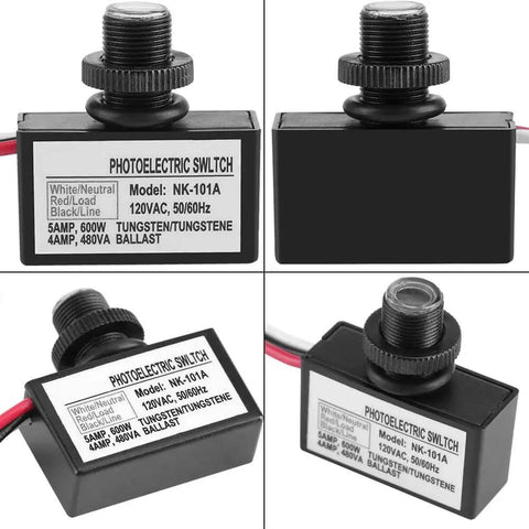 120VAC Photoelectric Light Sensor Auto On Off Switch For Lighting Fixtures showing front and side views.