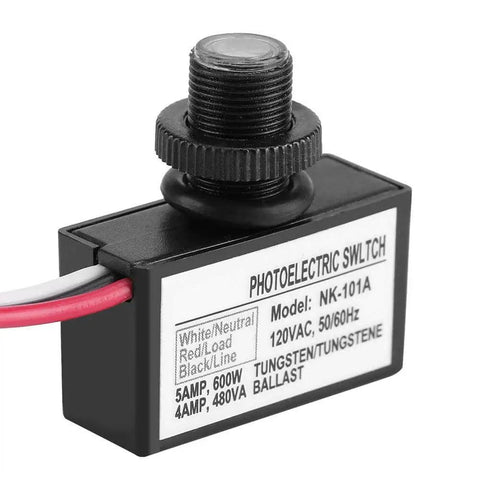 120VAC Photoelectric Light Sensor Auto On Off Switch For Lighting Fixtures with model label and wiring details, back view