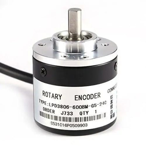 Close-up of Photoelectric Incremental Rotary Encoder 600 P R, 6mm Shaft, 5-24 VDC, AB Phase Output with visible labeling and wiring.