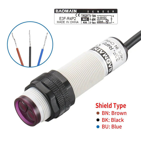 Photoelectric Sensor E3F-R4P2 Retroreflective Optical Switch with M18 thread, cable, and wiring diagram, for industrial use.