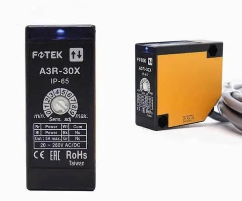 Front and side view of Photoelectric Switch A3R-30X A3R Series Sensor with IP-65 rating, ideal for automation in conveyors and packaging.